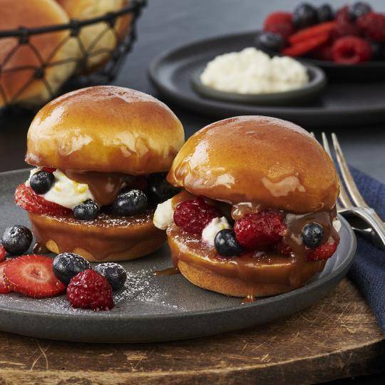 Caramelized Buns with Berries, Lemon Ricotta and Cream