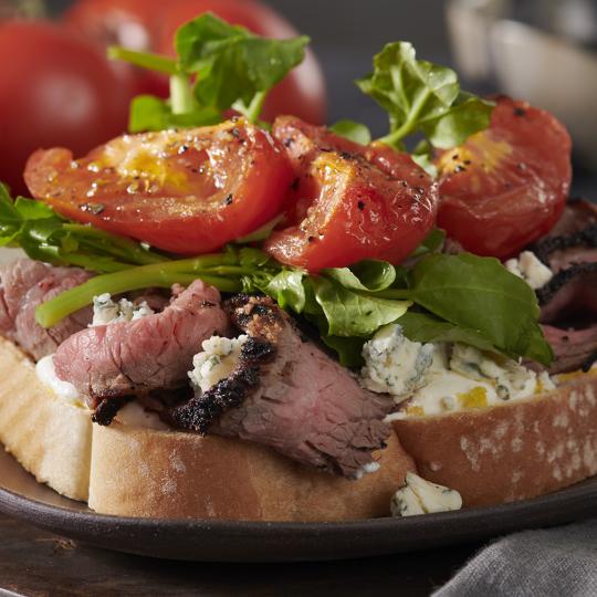 Open-faced Flat Iron Steak Sandwich with Blue Cheese